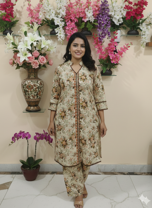 Earthy Tone Floral Printed Kurta and Pant Set (2-Piece)