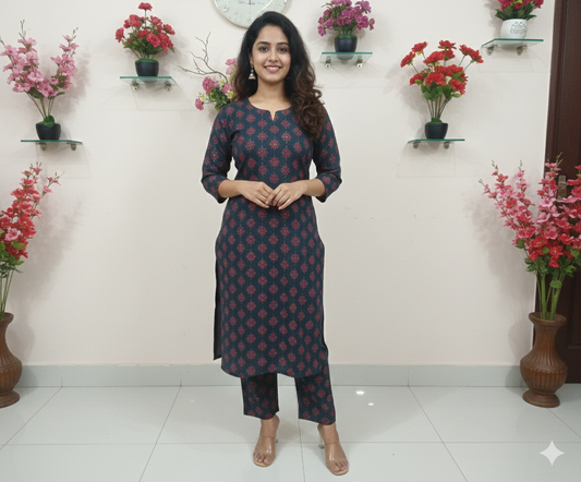 Bold Black and Yellow Floral Print Kurta and Pant Set